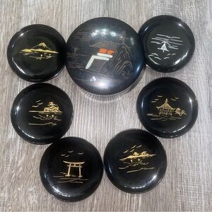 Vintage Japanese Gold & Black Lacquer Coaster Set of 6 in Nesting Box